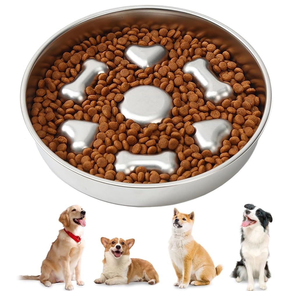 Slow Feeder Dog Bowls Small Pet Feeder Bowls Slow Eating Anti Choke Slow Feeding Cat Bowl Stainless Steel Dog Plate Bowls With Non-slip Rubber Bases Convex Pattern Design to Slow Down Eating