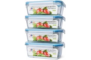 House Organizer KIT 4 Potes de Vidro Retangular com Tampa Hermética 1040ml Cor:Azul