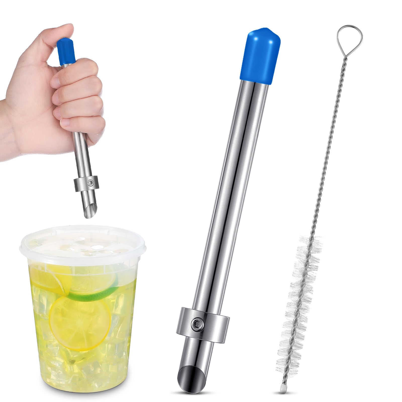 Photo 1 of Lasnten 1 Pack Straw Puncher for Plastic Lids Lemonade Cups, Stainless Steel Straw Hole Puncher Punching Tools for Cafe Drinks Deli Container Fresh Squeezed Lemonade Stand Supplies(6.3 Inch,Blue)