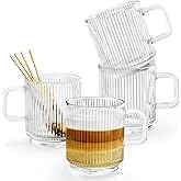 Ymyaye Clear Glass Coffee Mug Set of 4, 12 Ounces Ribbed Glassware with Spoon, Classic Vertical Stripes Tea Mugs for Soda, Latte, Espresso, Cappuccino, Gift for Birthday Holidays Wedding Anniversary
