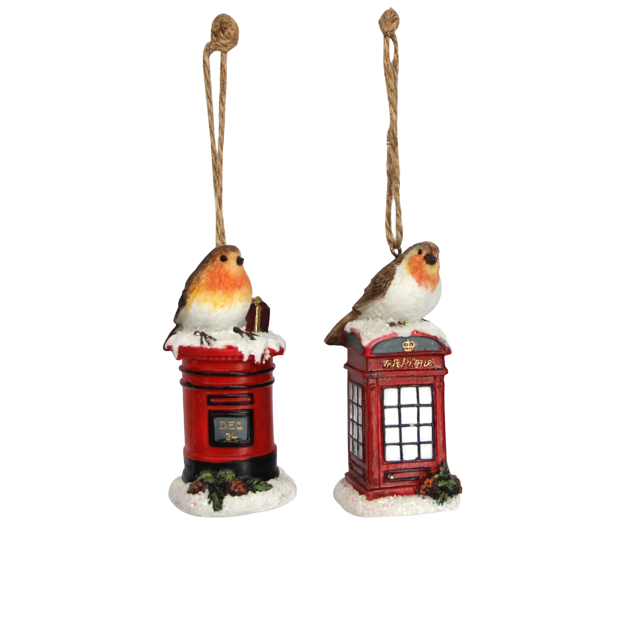 Gisela Graham : Christmas Decorations : Robin on a Red Telephone Box and Robin on a Red Postbox