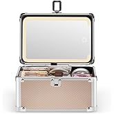 Qislee Makeup Box Mini with A Detachable Lighted Mirror, Waterproof Small Makeup Case,Cosmetic Organizer and Travel Train Case with Magnetic LED Mirror(Silver Frame Rose Gold)