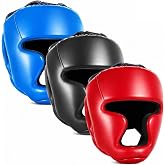 Jenaai 3 Pack Boxing Headgear for MMA, Kickboxing Muay Thai Sparring | PU Leather, High-density Foam, 22.8-25.6 in Adjustable Fit, 5.3 oz Lightweight Design, Red Blue Black White Headgear Included