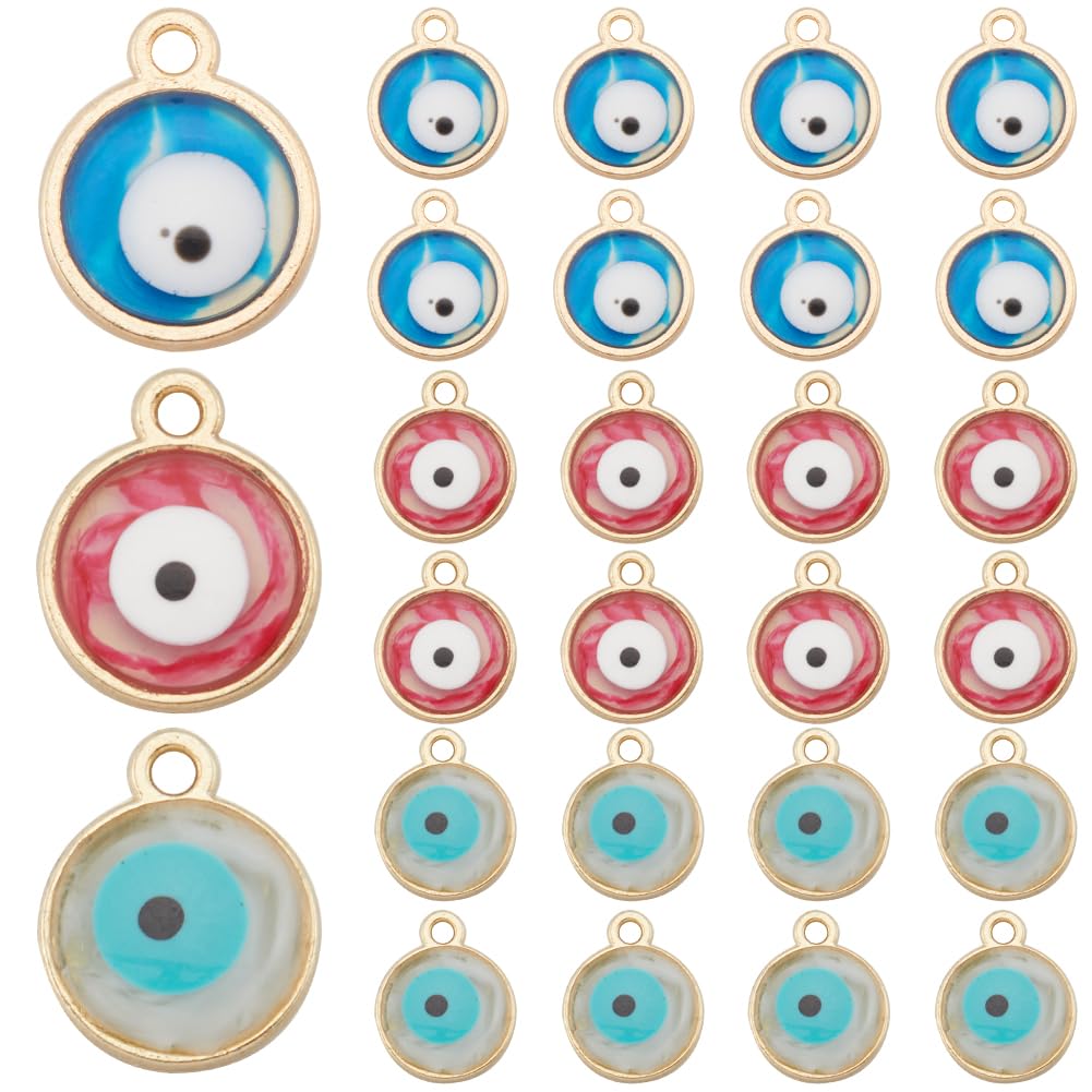 SUNNYCLUE 1 Box 60Pcs 3 Colors Evil Eye Charm Alloy Enamel Evil Eye Charms Bulk Round Epoxy Resin Halloween Turkey Charm for jewellery Making Charms DIY Necklace Bracelet Earring Women Beginners Adult