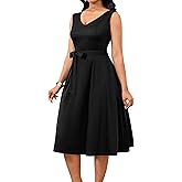 Nmoder Midi Dresses for Women, Sleeveless V Neck Cocktail Dress with Belt Retro Vintage Wedding Guest Dress with Pockets