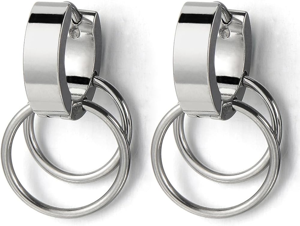 Pair Stainless Steel Black Huggie Hinged Hoop Earrings with Circles Men Women