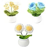 Orichane 3pcs Crochet Flowers Pot Set with Daisy Rose and Forget Me Not Small Potted Flowers Crochet Gift for Mom Wife Mothers Day Birthday Decor for Home Office