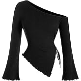 Milumia Women's Ribbed Knit One Off The Shoulder Asymmetrical Long Bell Sleeve Tops Y2K Going Out Tee Shirt Tops