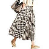 Leyoutx Women's Cotton Linen Wide Leg Culottes Pants Elastic Waist Plaid Gingham Capri Palazzo Pants