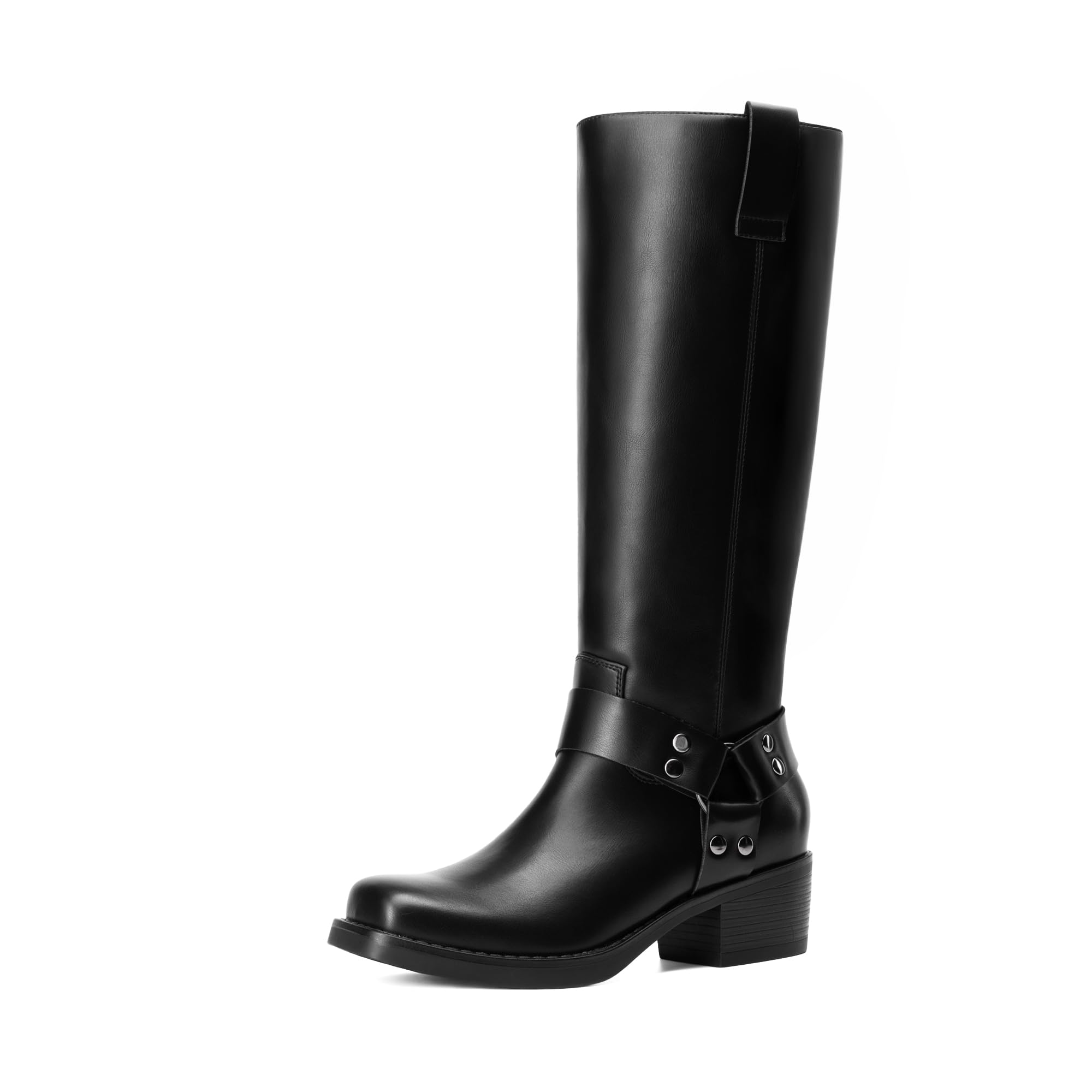 Photo 1 of DREAM PAIRS Women's Square Toe Knee High Boots Motorcycle Riding Pull-on Fashion Long Biker Boots for Women,Size 7.5,Black,DWUMKB2529
