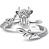 Salloog Highland Cow Ring for Women - 925 Sterling Silver Cute Animals Cattle Adjustable Rings Cow Open Ring Jewelry Gifts