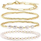 Ustome 14K Gold Plated Seed Bead 4Pcs Stack Paperclip Link Bracelets Set for Women, Trendy Elegant Link Chain Gemstone Quartz Stretch Accessories Ball Jewelry Daily Friendship Gift