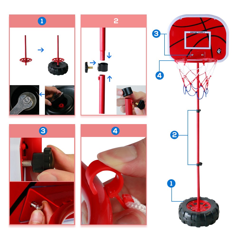 Basketball Stand & Hook with Net and Sport Ball Games Toy Kit for Youth, Children, Toddlers, Kids, Little Boys, Little Girls Indoors and Outdoors, Height adjustable, Metal Frame and Basket, Easy Insta