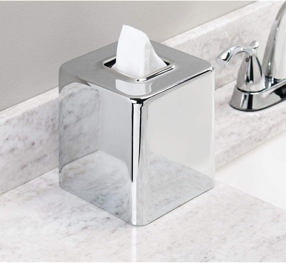 mDesign Modern Square Metal Paper Facial Tissue Box Cover Holder for Bathroom Vanity Countertops, Bedroom Dressers, Night Stands, Desks and Tables - Chrome: Home & Kitchen