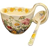 17.64 Oz Microwavable Soup Bowl with Handle, Hand Painted A Blossom of Colors Decorative Soup Bowls with Handles, Ceramic Soup Bowl with Spoon for Holding Fruits Cereal Snack, Chili, Ice Cream, Stew