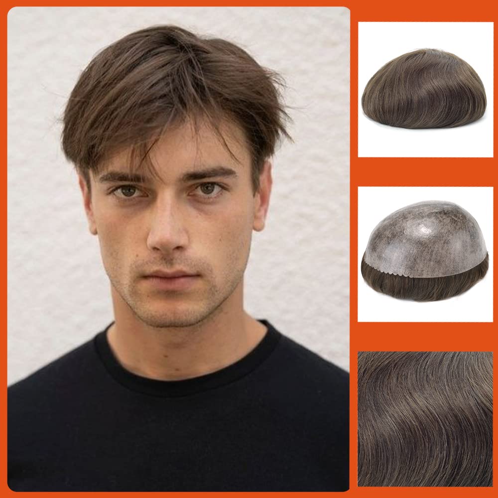 Zakya Hair System for Men Thin Skin Men's Toupee 100% Human Hair Men's Hairpieces 8x10 Inches Base Size Hair Replacement System for Men (Medium Dark Brown 4#(ASH)) — image 1