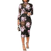 Women Sexy See Through Sheer Mesh Bodycon Midi Dress Long Sleeve Skirt 3 Piece Outfits Set Floral Print Cover Up
