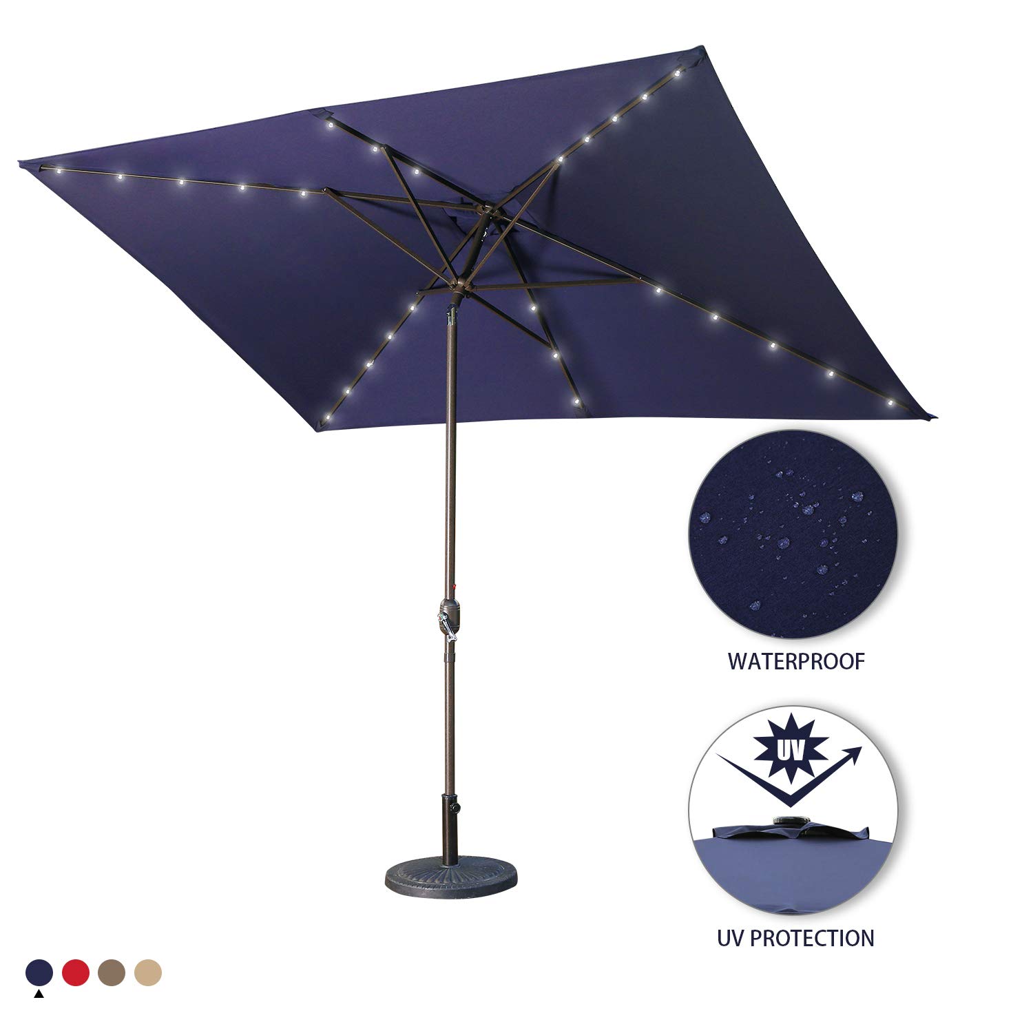 Aok Garden 9 Ft Led Lighted Patio Outdoor Umbrella Solar Power Market Table Fade Resistant Umbrella With Push Button Tilt Crank And 8 Sturdy Ribs Navy Blue Umbrellas Umbrellas Shade