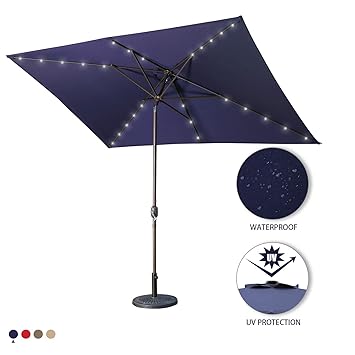 Aok Garden 10 Ft Led Lighted Patio Outdoor Umbrella Solar Power Market Table Fade Resistant Umbrella With Push Button Tilt Crank And 6 Sturdy Ribs Dark Blue