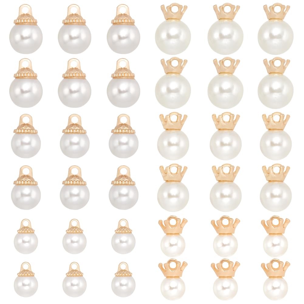 SUNNYCLUE 1 BOX 60Pcs White Imitation Pearls Charm Pearl Bail Charms Faux Round Alloy Plastic Small Crown Beads Pendants Charms for jewellery Making Charms Bracelet Earring Crafting Beginners Adults