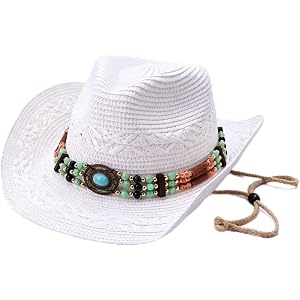 YPLOJOUO Women Men Western Cowgirl Straw Hat, Outdoor Wide Brim Straw Sun Hat with Turquoise Beaded Band for Travel Beach