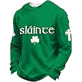 GQN St Patricks Day Shirt for Men,Green Waffle Crewneck Sweatshirt with Shamrock and Sleeve Emblem