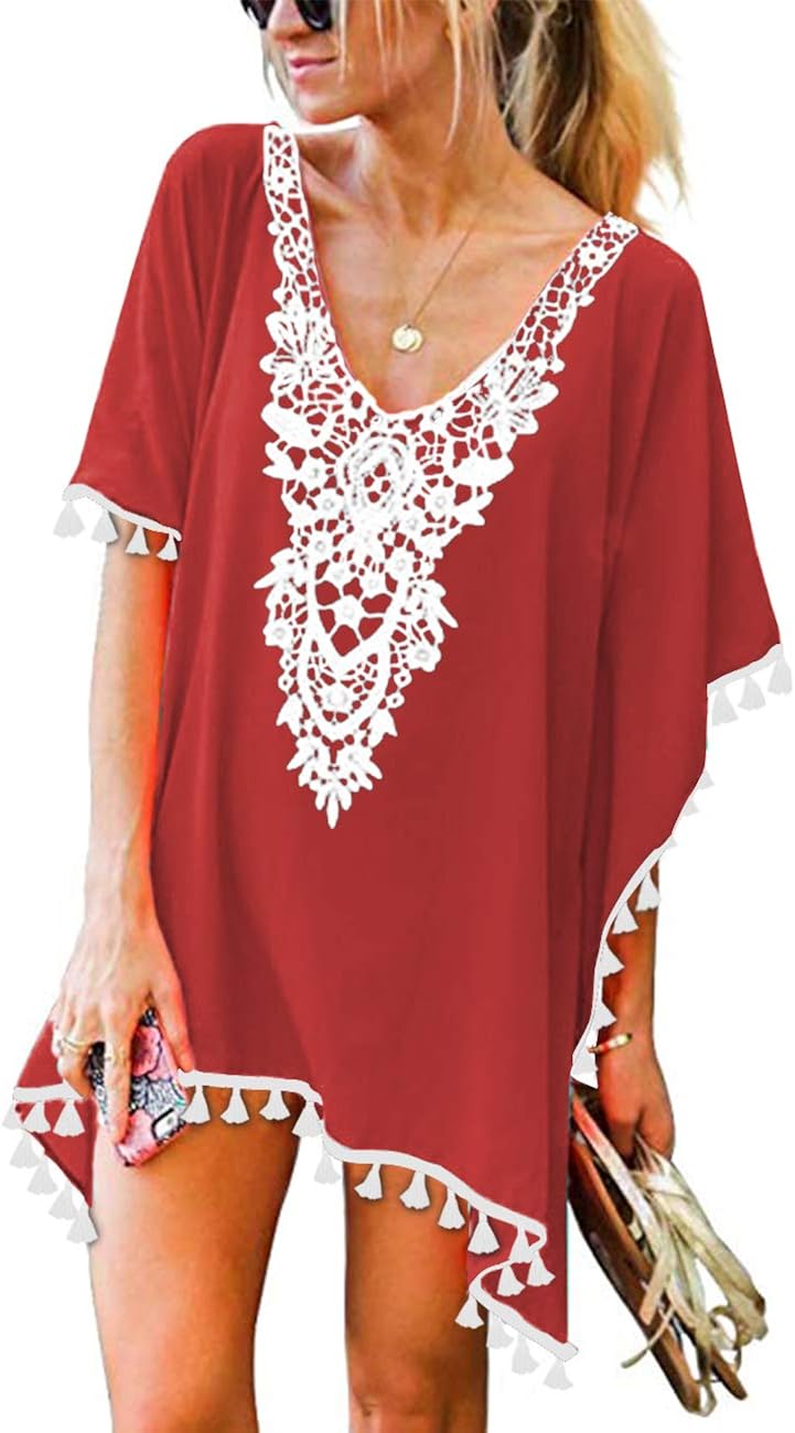 CPOKRTWSO Women’s Crochet Chiffon Tassel Swimsuit Beach Bikini Cover Ups for Swimwear