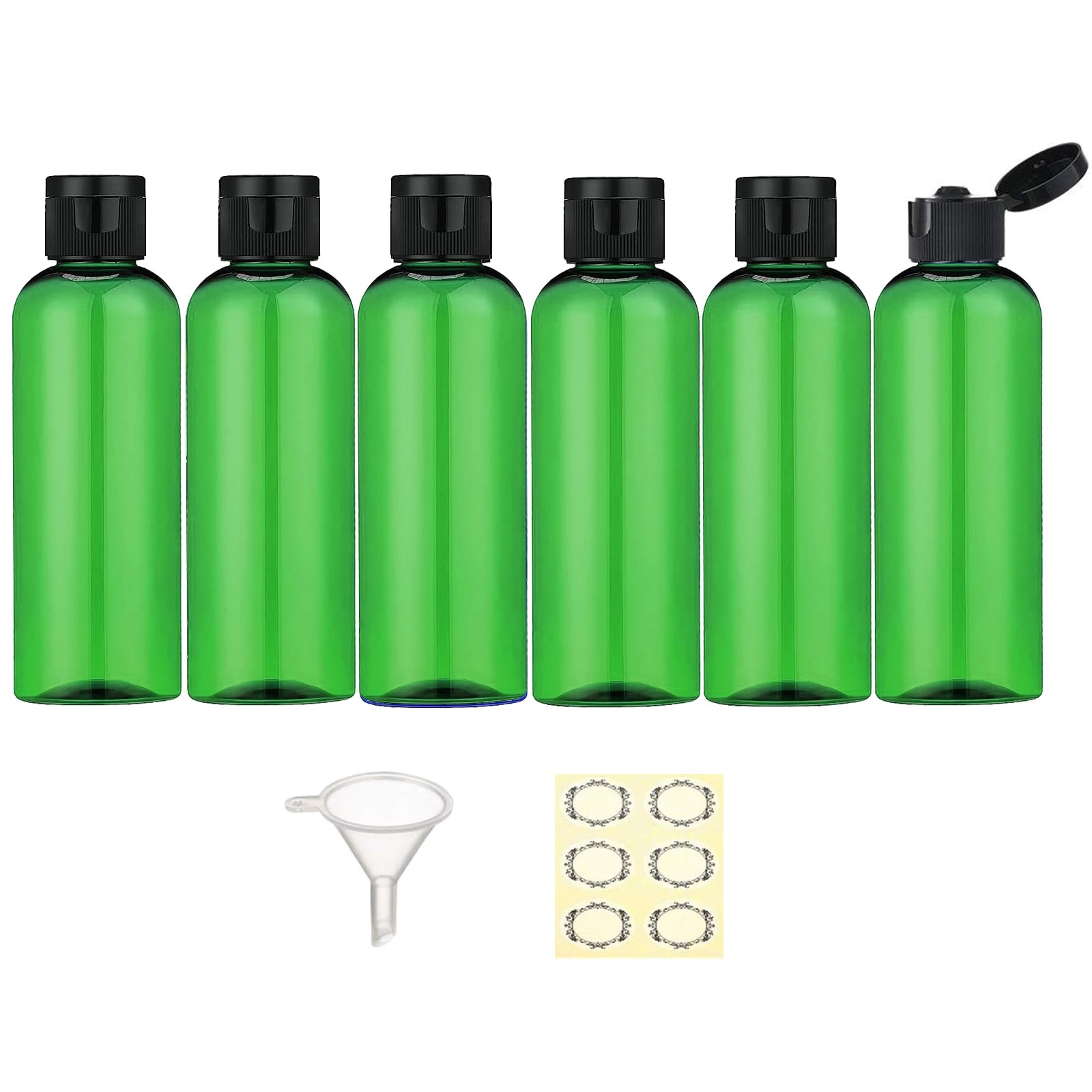 Apstaqeoo 6PCS 100ML Plastic Travel Bottles with Flip Cap Empty Squeeze Bottle Green Refillable Travel Container with 1 Funnel & 6 Labels TSA Approved for Liquids Lotion Shampoo Toiletries Cosmetic