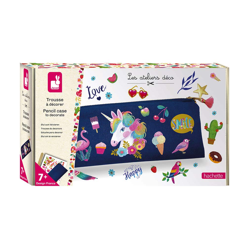 Janod - Pencil Case to Decorate and Customise - Les Ateliers Déco - Childrens Creative Leisure Kit - Teaches Fine Motor Skills and Concentration - Suitable for ages 7 and up - J07917