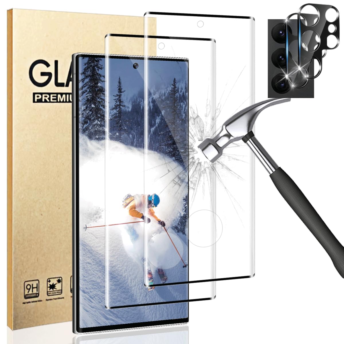 Photo 1 of 2 Pack Galaxy S22 Ultra Tempered Glass Screen Protector, 2Pakc Camera Lens Film 9H Hardness 3D Fulll Coverage Case Friendly Compatible with UltraSonic Fingerprint For Galaxy S22 Ultra 6.8 Inch