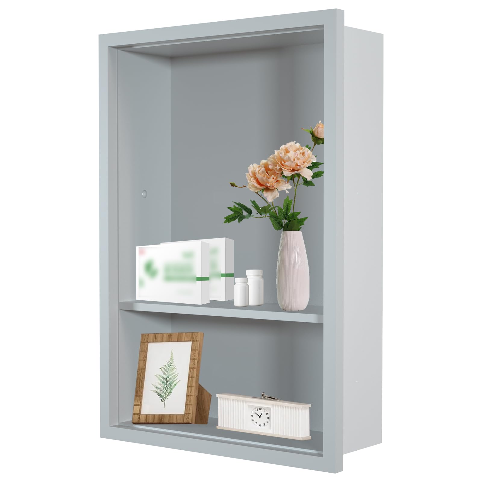 Photo 1 of 12" x 18" Recessed Medicine Cabinet, 2-Tier Wall Niche, Wall Medicine Cabinet for Bathroom, Bedroom, Living Room, Kitchen, Gray, Solid Wood