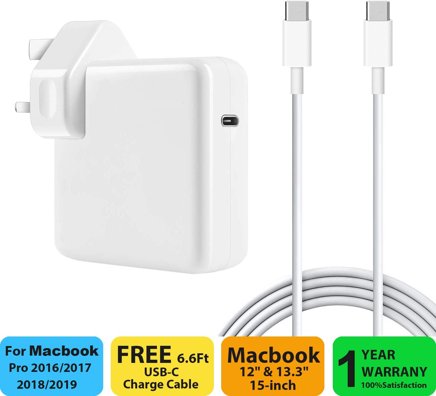 87W USB C Power Adapter Compatible with Macbook Pro / Air Charger , Works With USB-C 87W 61W & 30W Power Delivery Fast Charging Compatible with Macbook Pro 13'' 15'' 2016Late MacBook Air 2018Late