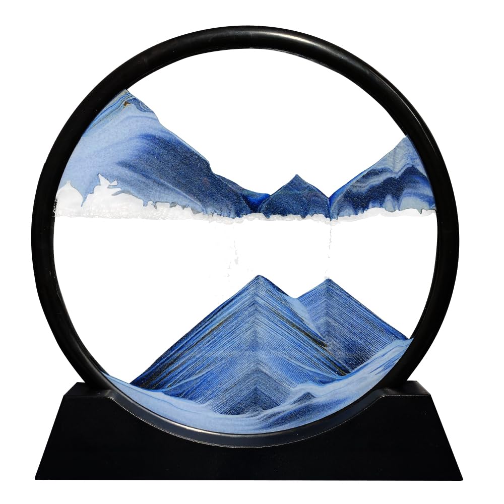 Aoderun Moving Sand Art Picture Round Glass 3D Deep Sea Sandscape in Motion Display Flowing Sand Frame Relaxing Desktop Home Office Work Decor (7", New Blue) — image 1