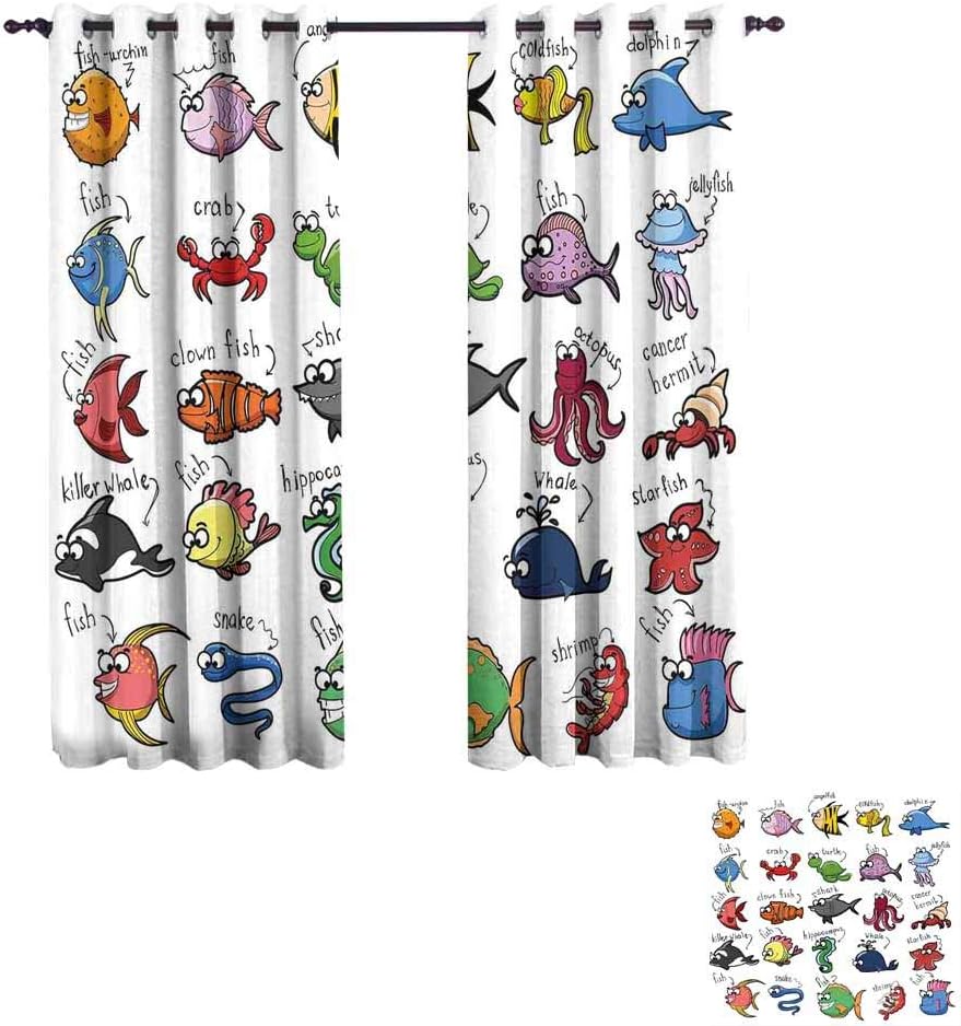 Nautical Decor for Kids Curtains for Living Room 52W x 54L,2 Panels Great for Living Rooms & Bedrooms Aquarium Cartoon Octopus Dolphin Shark Whale Clown Fish Jellyfish Crab Marine