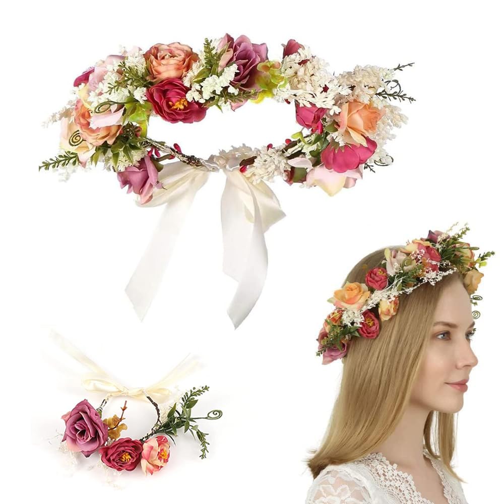 HIQE-FL Flower Crown Headband, 1pcs, Grosgrain Ribbon, Satin Fabric, Adjustable Headband, for Women, Adult, Wedding Participants