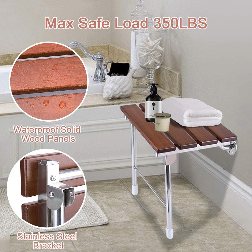 JCWANGDEFU Folding Shower Seat Wall Mounted Bathroom Bathtub Safety Stool Chair, Solid Wood, with Support Legs, Load of 350 lbs, 14.88"(L)*12"(W)*17.12"(H): Home & Kitchen