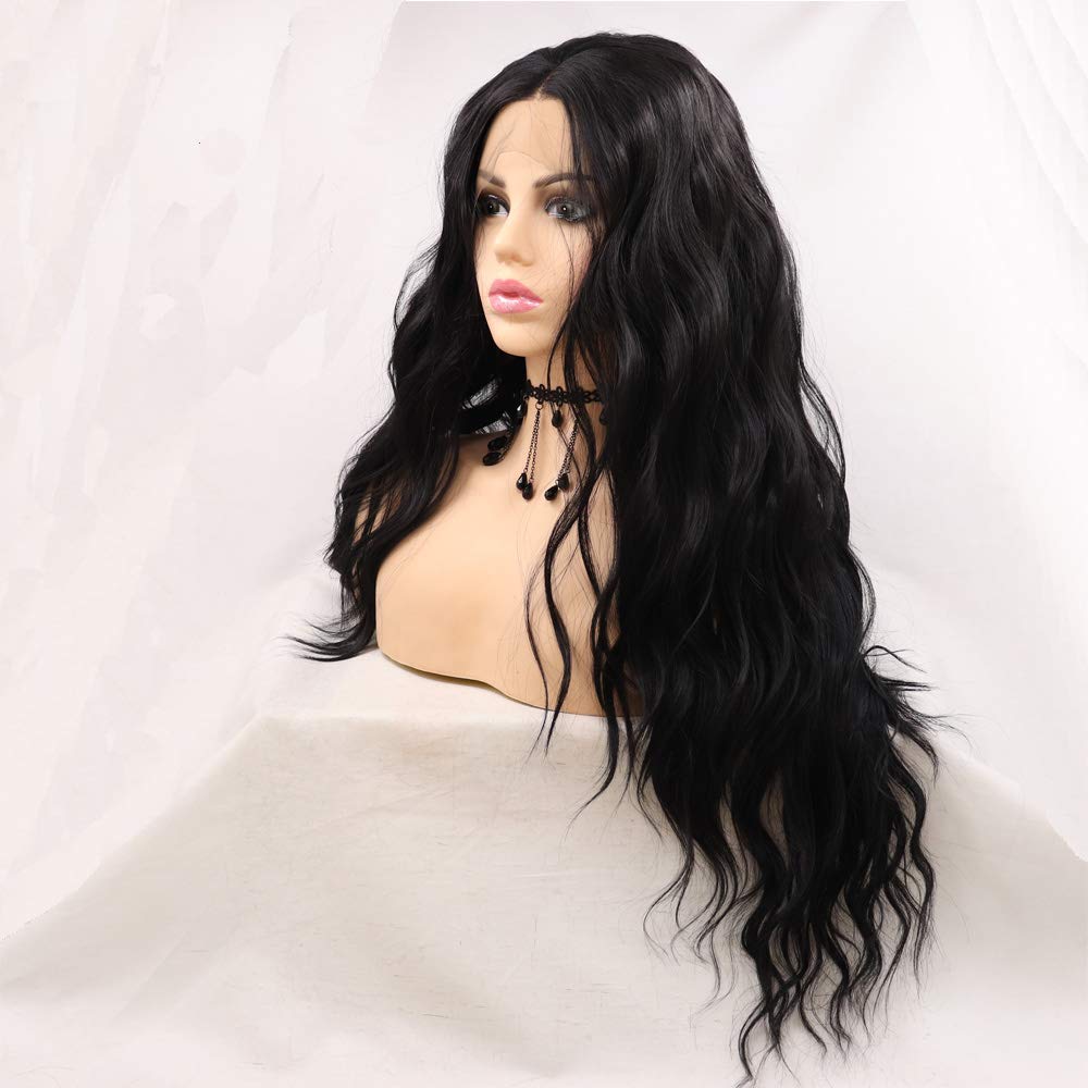 Xiweiya Long Black Wavy Synthetic Lace Front Wig - Middle Part Soft Hair Replacement for Women, Drag Queen Makeup 24 inch โ image 1