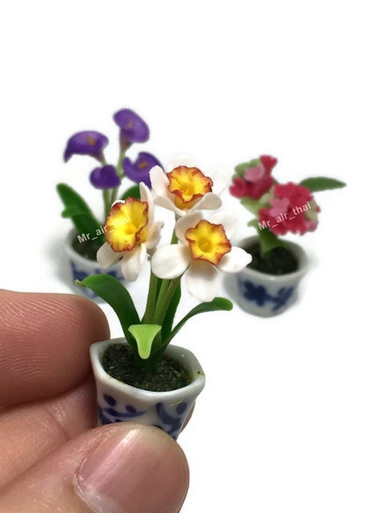 3pc Miniature Flower Clay Dollhouse Fairy Garden Mini Plant Trees Ceramic Paint Furniture Bundles Artificial Flowers Tiny Orchid 082 Mr Air Thai Toys Games Decor