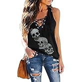 Fensajomon Skull Shirt for Women V Neck Lace Up Sleeveless Casual Summer Workout Yoga Tank Top