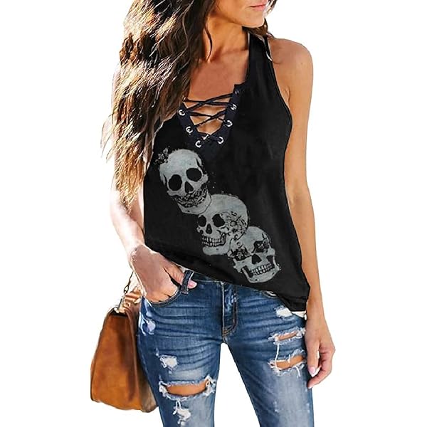 Amazon.com: Fronage Women's Rhinestone Skull Tank Tops Loose