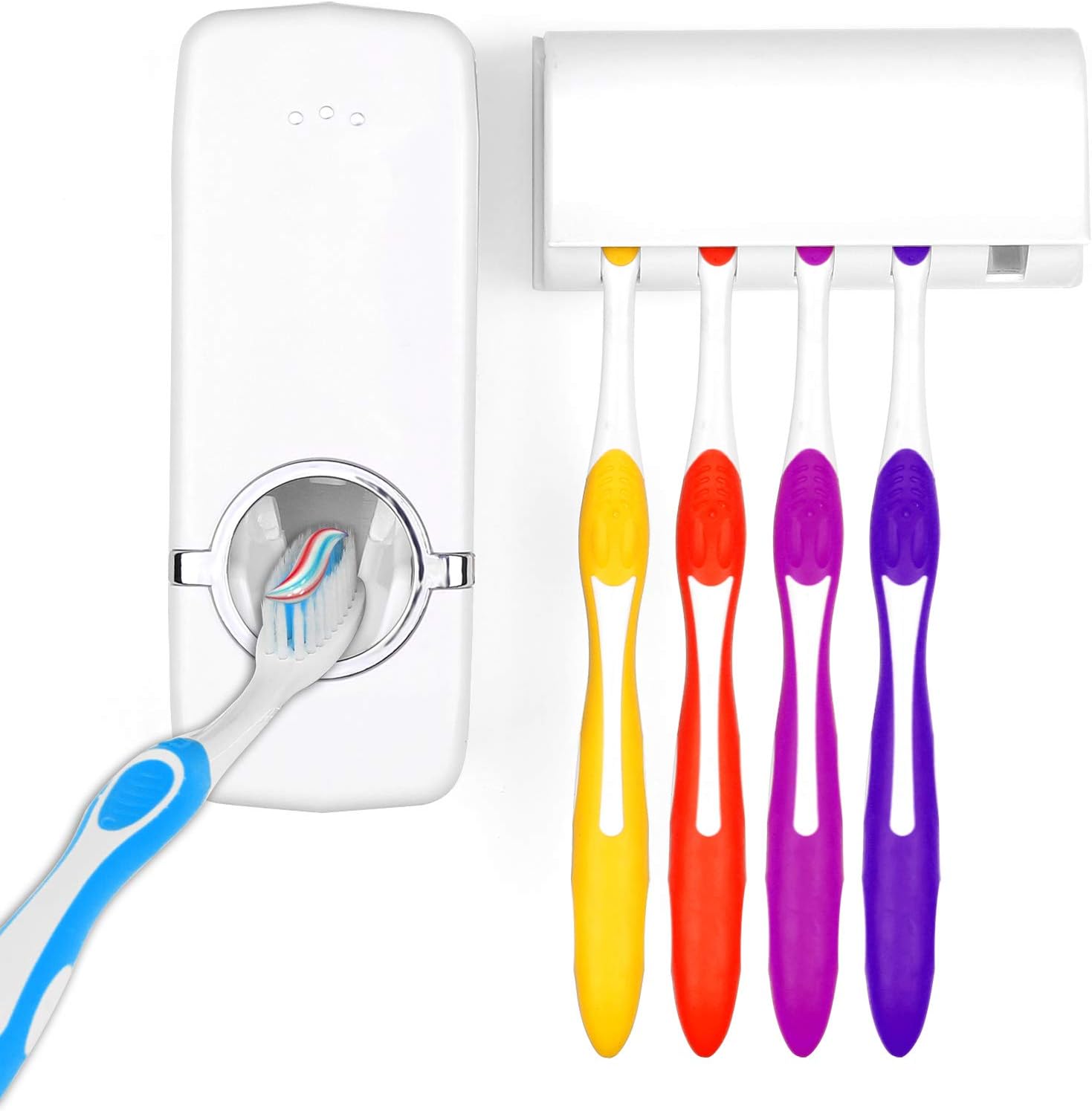 ONEVER Auto Automatic Toothpaste Dispenser+ 5 Toothbrush Holder Set Wall Mount Stand White