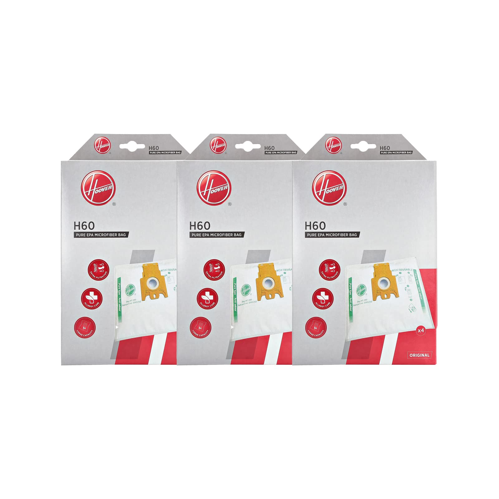 Hoover H60 Vacuum Cleaner Bags, Original, Microfibre, Pure EPA, Anti-Odour System With Activated Carbon, Compatible With Hoover Cylinder Vacuums, 4 Pieces *3 Packs