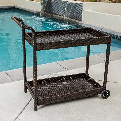 Wicker Outdoor Bar Cart in Brown Color Tone with Metal Frames and Wheels - Can Also Be Used As Storage or Table Space