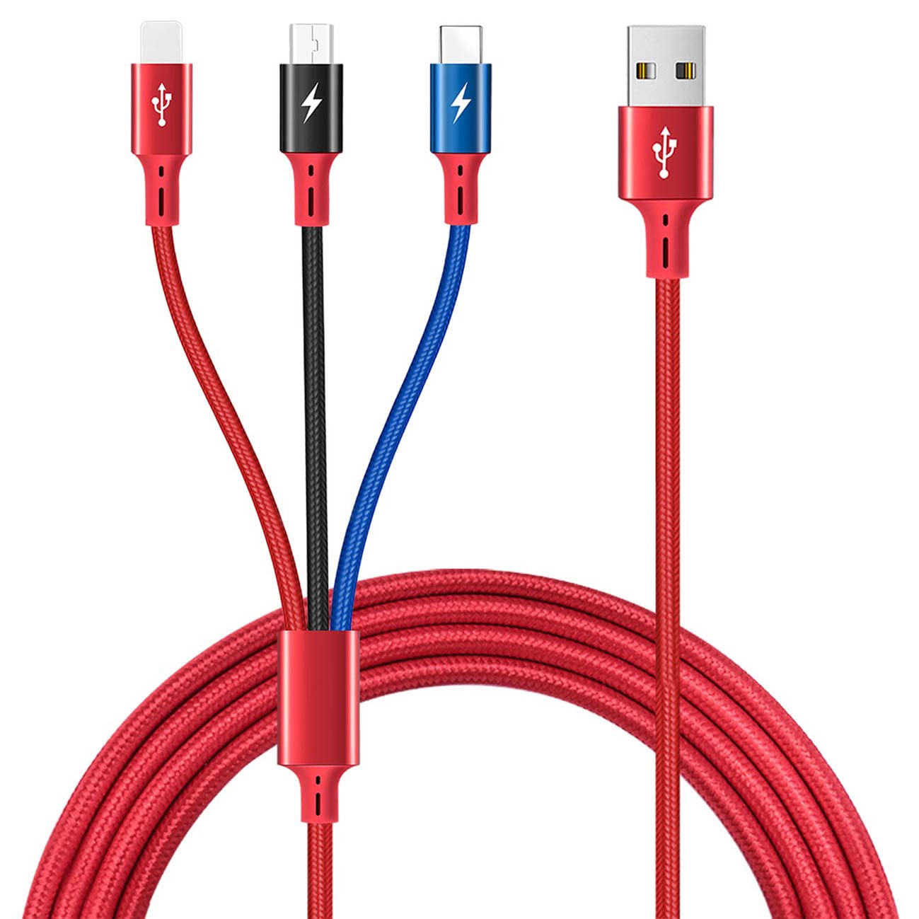 Multi USB Charging Cable 3A, [1.5M] 3-in-1 Nylon Braided Charger Cord for iP/Type C/Micro USB Ports with iP 12/11/Xs/X/8/7/6/Android Galaxy S21/S20/S10/Huawei/LG/HTC/Tablets(Red/1Pcs)