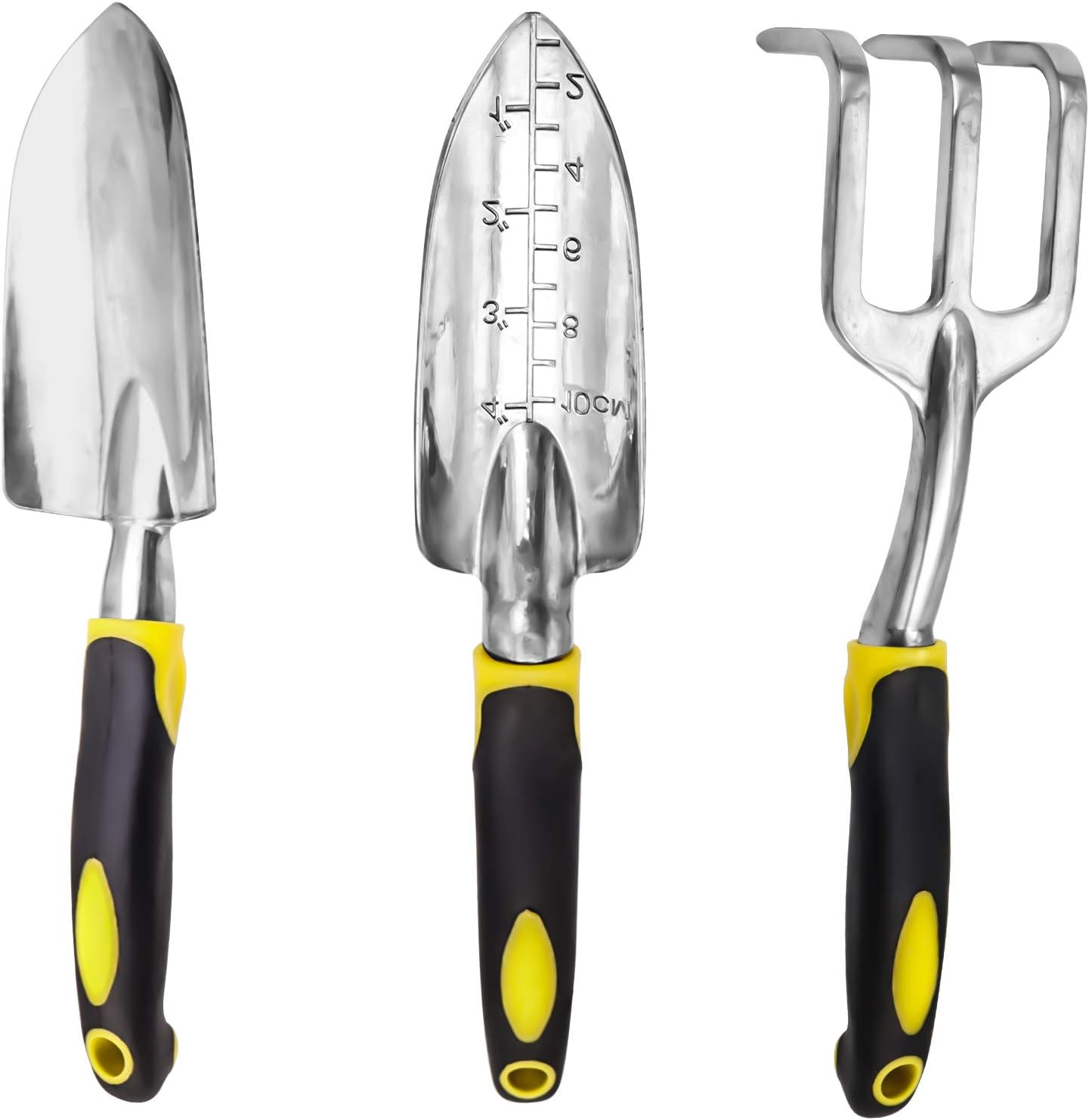 KY Gardening Tools, Garden Tool Set Heavy Duty Cast-Aluminum Gardening Kit Ergonomic Rubber Handle Non-Slip Include Hand Shovel Transplant Trowel with Scale and Cultivator Hand Rake 3 PCS : Garden & Outdoor
