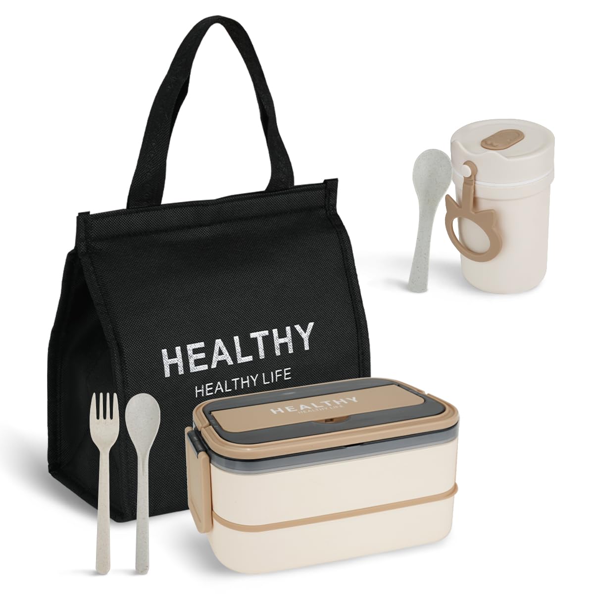 Mulaibdin Bento Lunch Box, Lunch Box Adults Kids Leakproof, Lunch Box with & Cutlery Lunch Bag, Bento Box with Compartments Microwave Safe, Stackable Lunchbox Container for Work,School(1400ml)