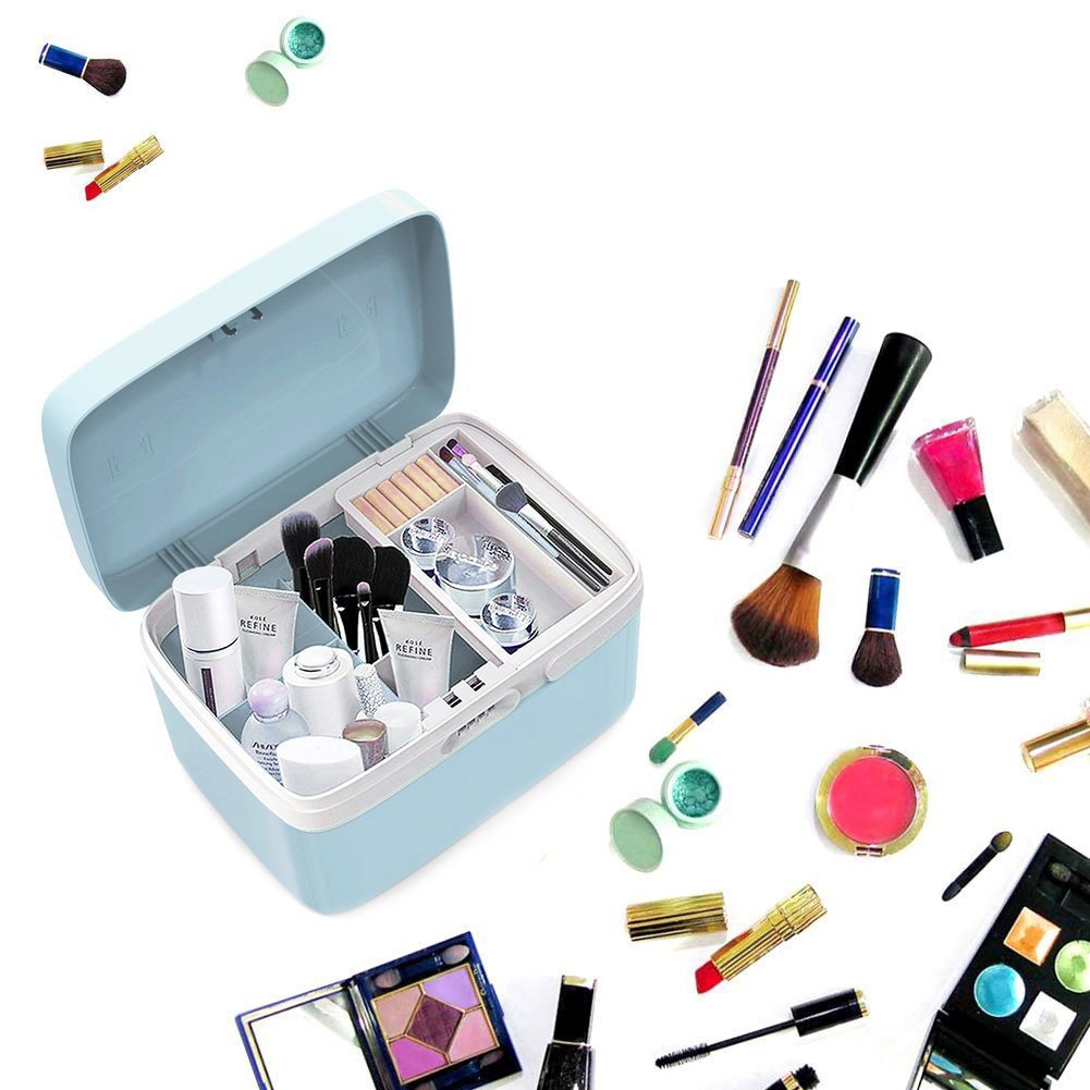 Make Up Case Portable Lockable Waterproof Beauty Cosmetic Jewelry Organizer Vanity Storage Box 10L ABS ,Cyan