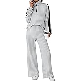 JUSTFASHIONNOW Womens 2 Piece Outfits Ribbed Knit Lounge Sets Cozy Half Zip Sweatsuit Sets Wide Leg Jogger Tracksuits