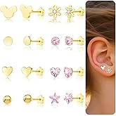 DAILI Hypoallergenic 14K Gold Earrings for Girls Women, Toddler Screw Back Baby Earrings for Sensitive Ears Silver Kids Earrings Cute Flower Heart Star Ball Dot Mouse Titanium Flat Back Stud Earring Sets