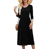 Heymoments Women's Casual 3/4 Sleeve Midi Dress Crewneck A Line Tiered Flowy Loose Travel Long Dresses with Pockets